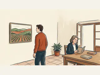 Un adulto observa un cuadro de viñedos mientras otra persona lee en una sala luminosa.