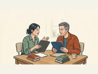 Dos personas conversan con carpetas cerradas en una mesa con libros.
