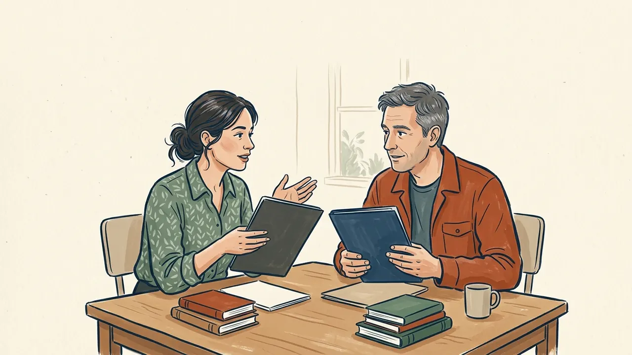 Dos personas conversan con carpetas cerradas en una mesa con libros.