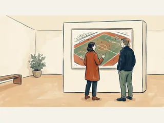 Dos personas adultas observan una ilustración de un campo de fútbol con pequeñas figuras.