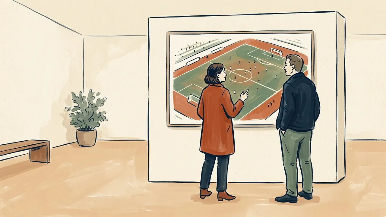 Dos personas adultas observan una ilustración de un campo de fútbol con pequeñas figuras.