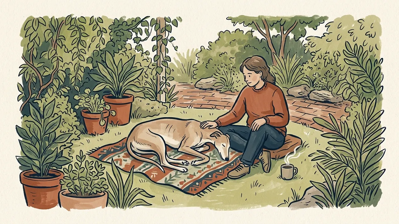 Un galgo descansa sobre una manta junto a una persona en un jardín ficticio.
