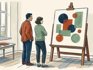 Dos personas adultas observan una composición de círculos y rectángulos de colores en un caballete.