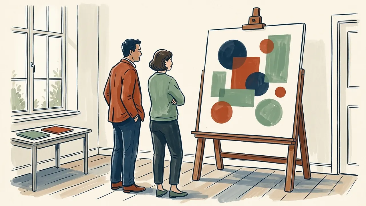 Dos personas adultas observan una composición de círculos y rectángulos de colores en un caballete.