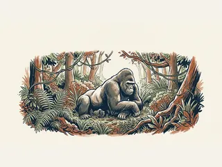 Un gorila descansa entre árboles y vegetación en una ilustración de bosque.