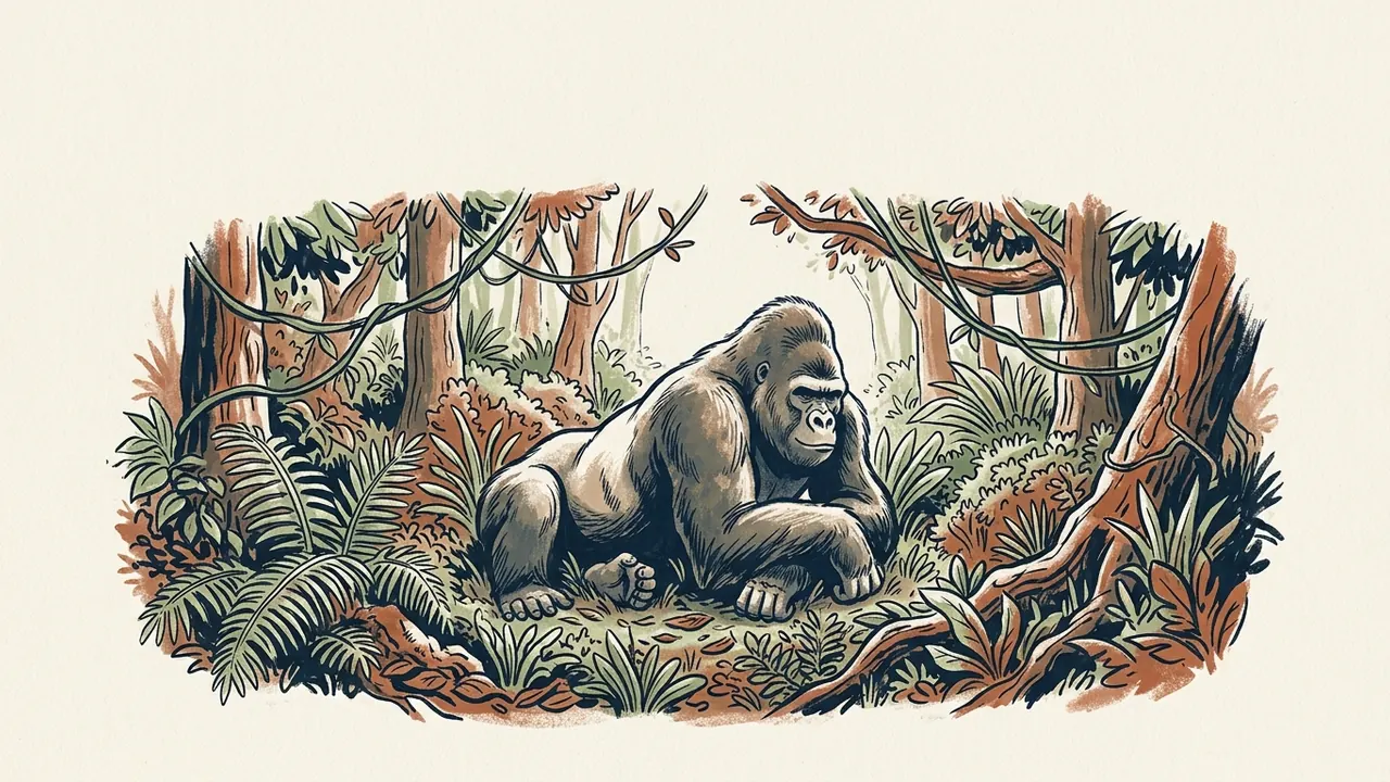 Un gorila descansa entre árboles y vegetación en una ilustración de bosque.