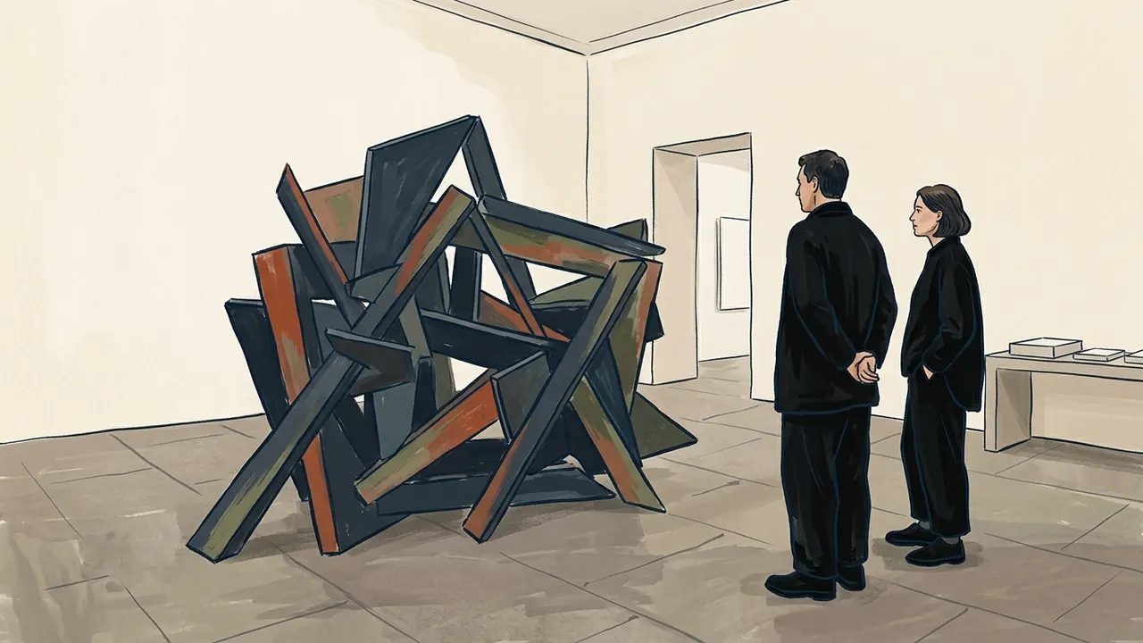 Dos personas adultas con ropa negra observan una escultura abstracta de formas angulares.