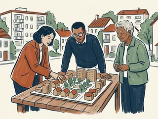 Tres personas observan una maqueta de viviendas y una plaza arbolada sobre una mesa.
