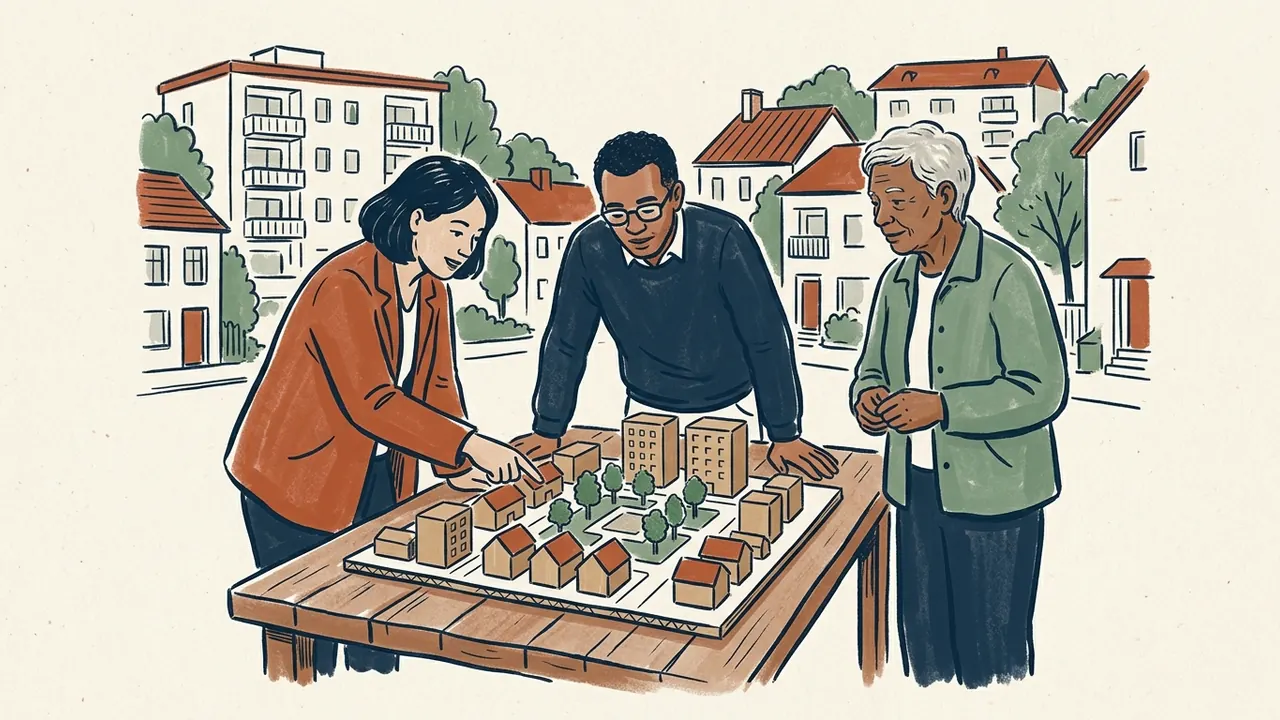 Tres personas observan una maqueta de viviendas y una plaza arbolada sobre una mesa.