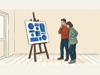 Dos personas adultas observan una composición de círculos y rectángulos azules en un caballete.