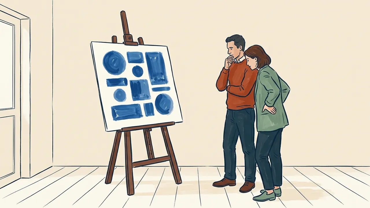 Dos personas adultas observan una composición de círculos y rectángulos azules en un caballete.