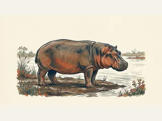 Hipopótamo común de cuerpo entero junto a un río africano.