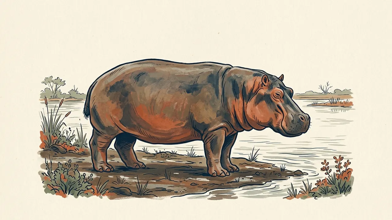 Hipopótamo común de cuerpo entero junto a un río africano.