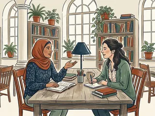 Dos mujeres conversan y consultan libros en una biblioteca; una lleva hiyab.