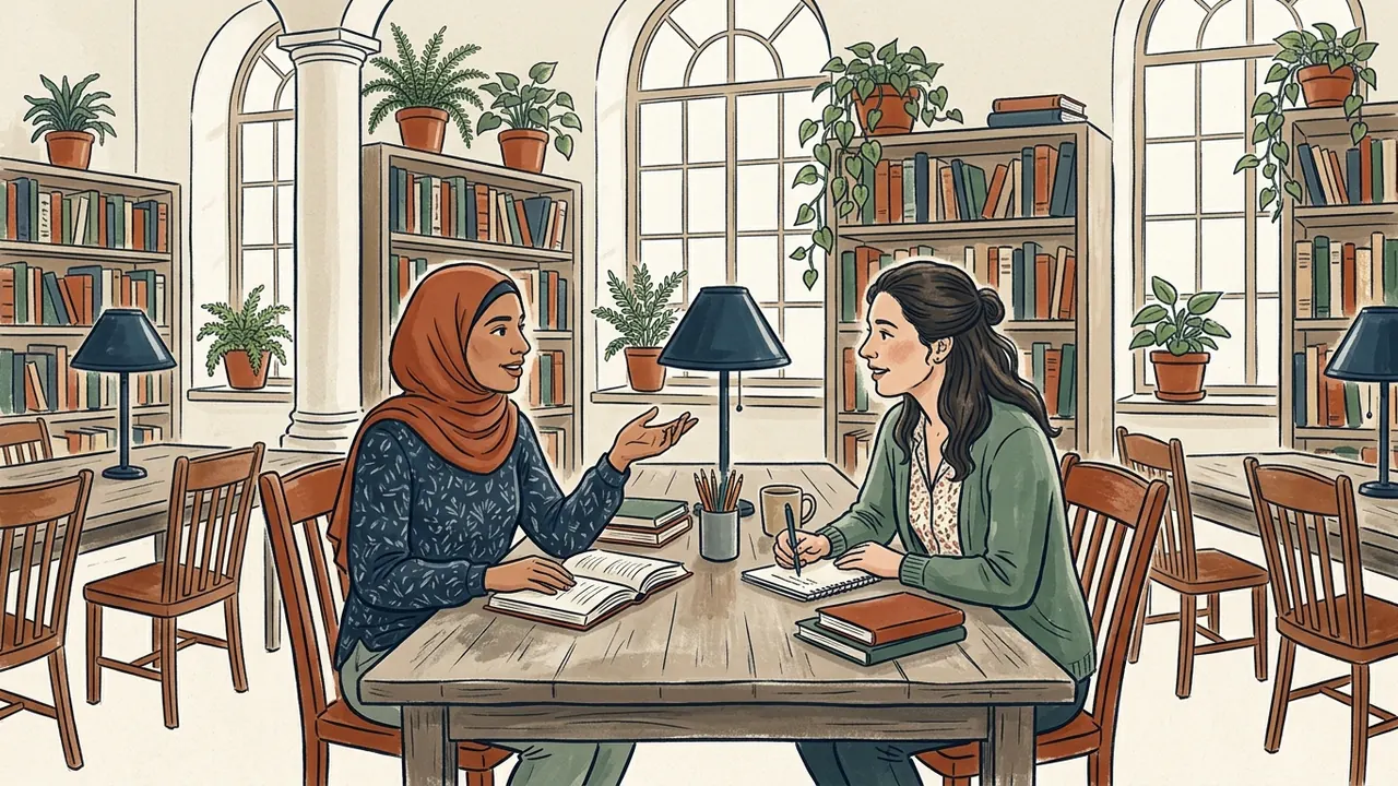 Dos mujeres conversan y consultan libros en una biblioteca; una lleva hiyab.