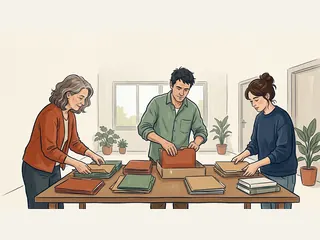 Tres adultos de piel clara organizan carpetas sin texto en una sala comunitaria.