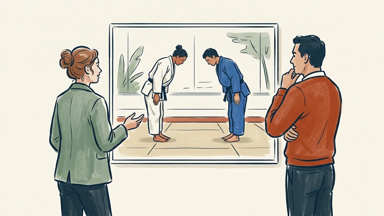 Dos personas observan una ilustración de judocas que se saludan sobre un tatami.