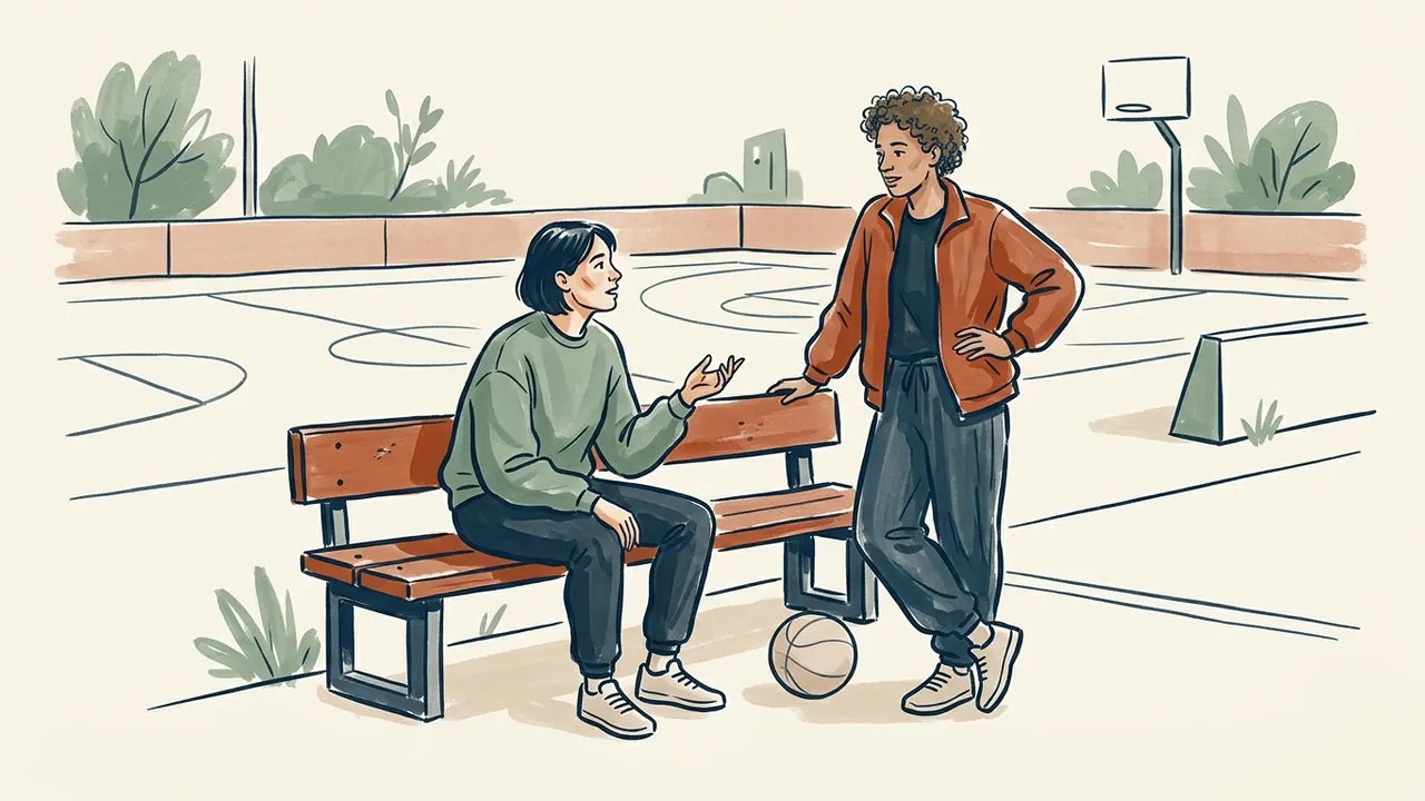 Dos personas adultas con ropa deportiva conversan junto a un banco y un balón en una pista.