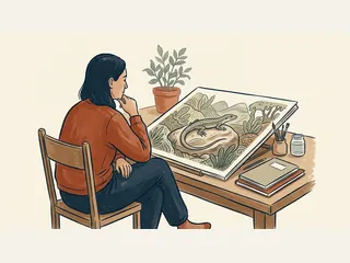 Una persona observa una lámina artística de un lagarto sobre una roca imaginaria.