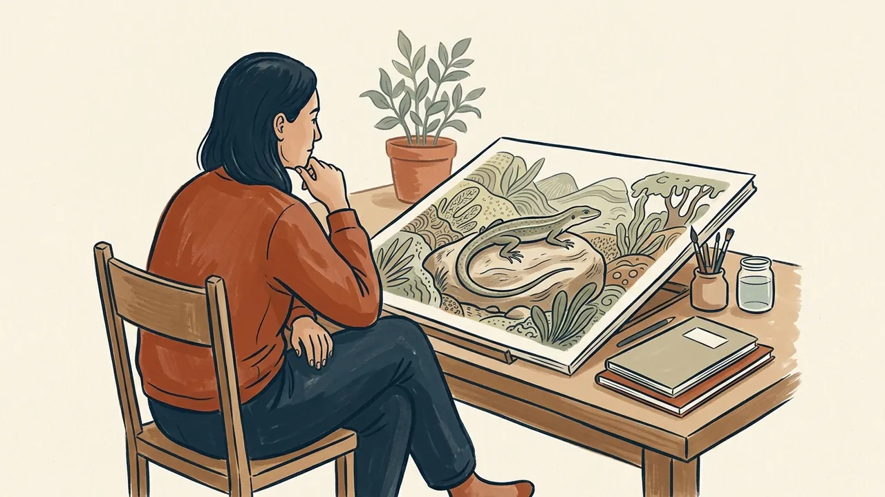 Una persona observa una lámina artística de un lagarto sobre una roca imaginaria.