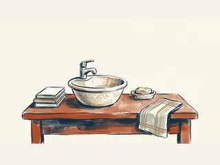 Un lavabo con grifo, jabón y toalla en un bodegón ilustrado.