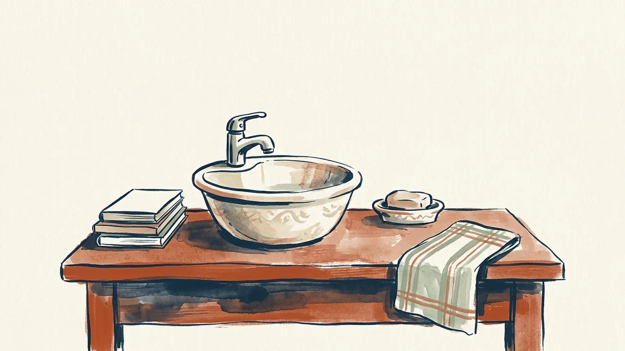 Un lavabo con grifo, jabón y toalla en un bodegón ilustrado.