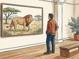 Una persona contempla una ilustración de un león en una sala de exposición ficticia.