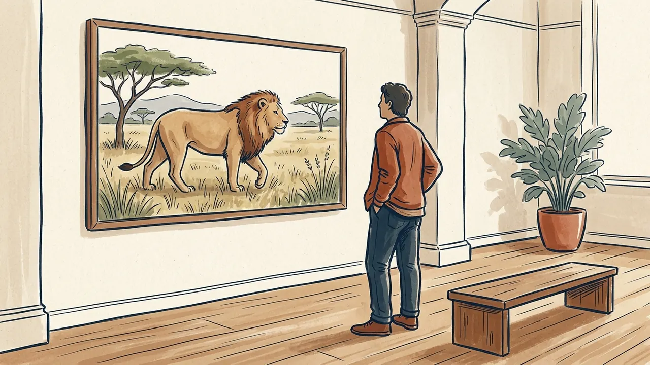 Una persona contempla una ilustración de un león en una sala de exposición ficticia.
