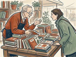 Un librero recomienda una lectura a una visitante ante una mesa llena de libros.