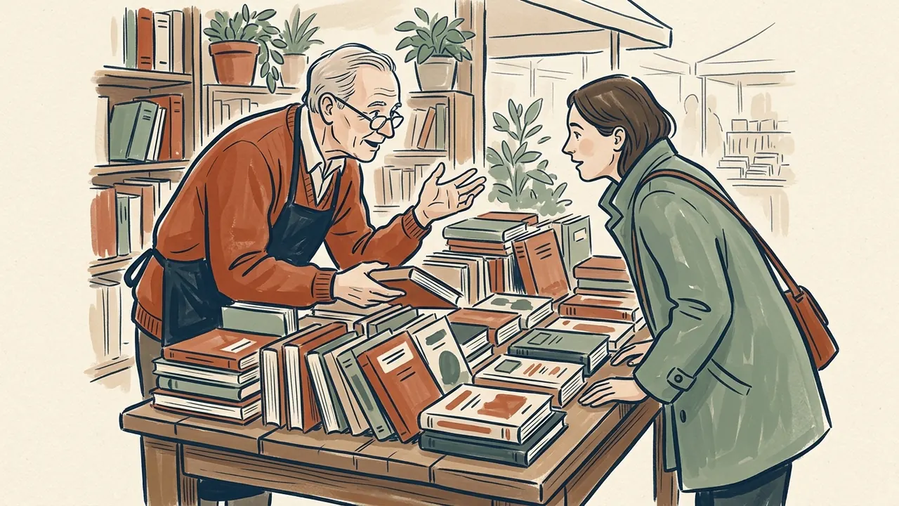Un librero recomienda una lectura a una visitante ante una mesa llena de libros.