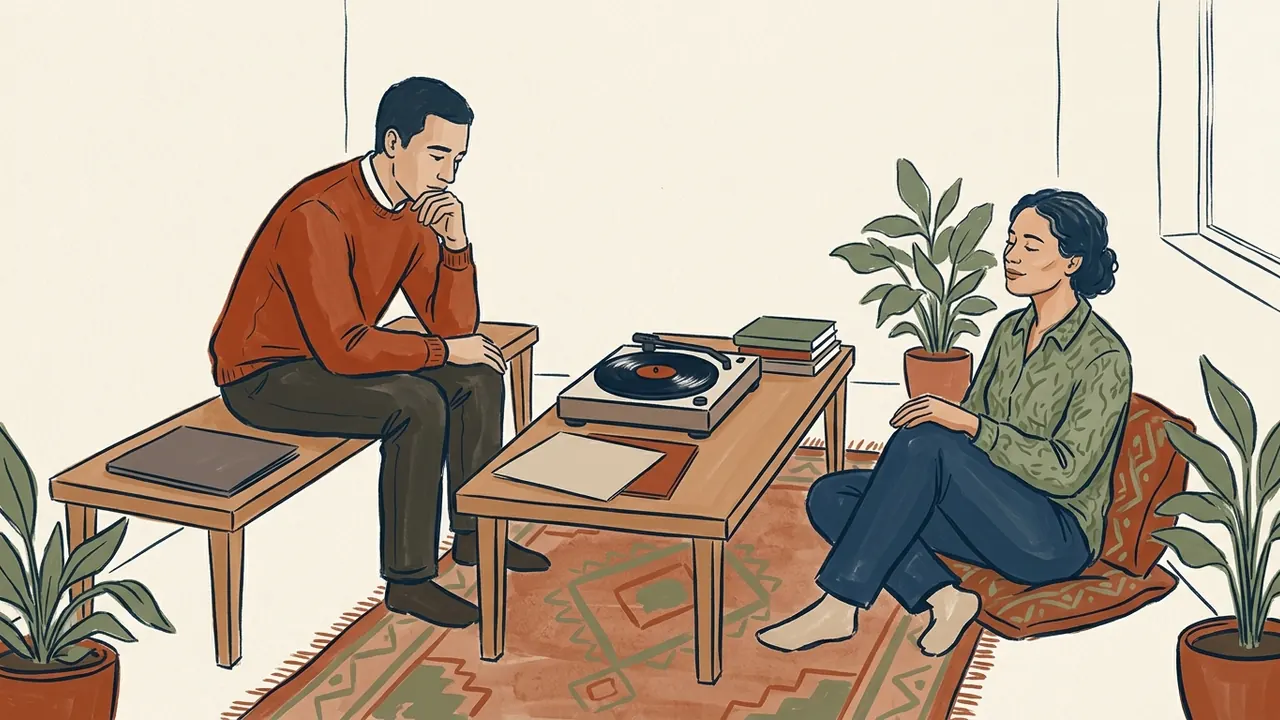 Dos personas adultas comparten un momento de escucha junto a un tocadiscos y carpetas lisas.