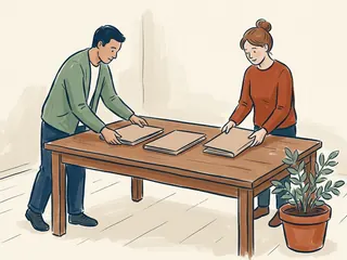 Dos personas adultas ordenan tres carpetas lisas sobre una mesa junto a una planta.