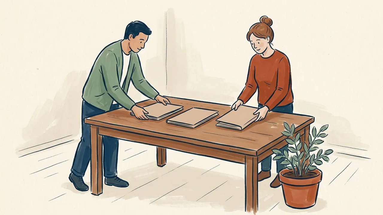 Dos personas adultas ordenan tres carpetas lisas sobre una mesa junto a una planta.