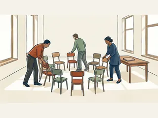 Tres adultos preparan un círculo de sillas para una reunión.