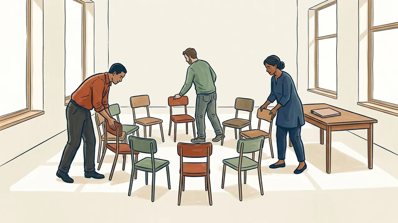 Tres adultos preparan un círculo de sillas para una reunión.