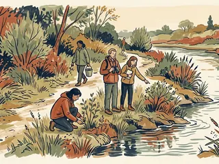 Un grupo observa la vegetación y realiza pequeñas tareas de cuidado junto a una ribera.