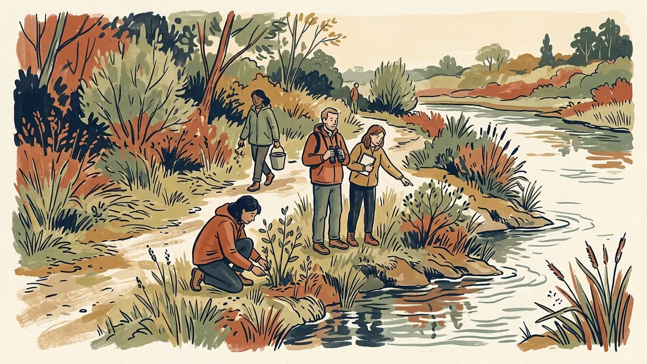 Un grupo observa la vegetación y realiza pequeñas tareas de cuidado junto a una ribera.