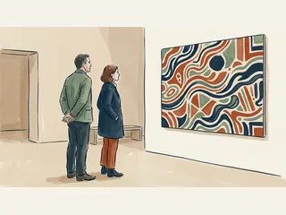 Dos personas adultas contemplan una pintura abstracta de curvas y formas en azul, teja y verde.