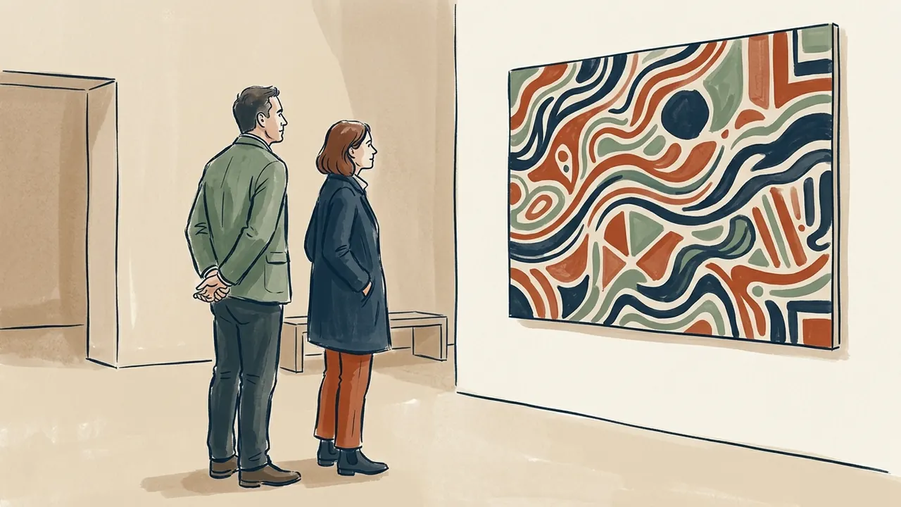 Dos personas adultas contemplan una pintura abstracta de curvas y formas en azul, teja y verde.
