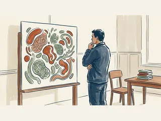 Una persona observa un panel con formas orgánicas abstractas de colores en una sala educativa.