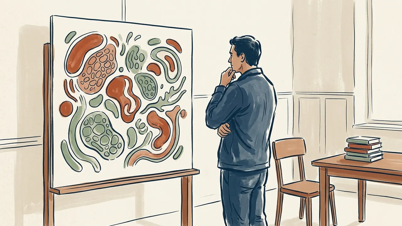 Una persona observa un panel con formas orgánicas abstractas de colores en una sala educativa.