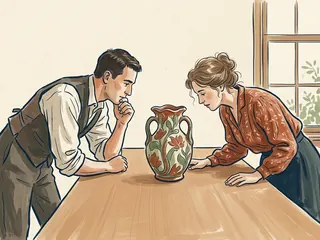 Dos personas observan un jarrón decorado con motivos vegetales en una mesa.