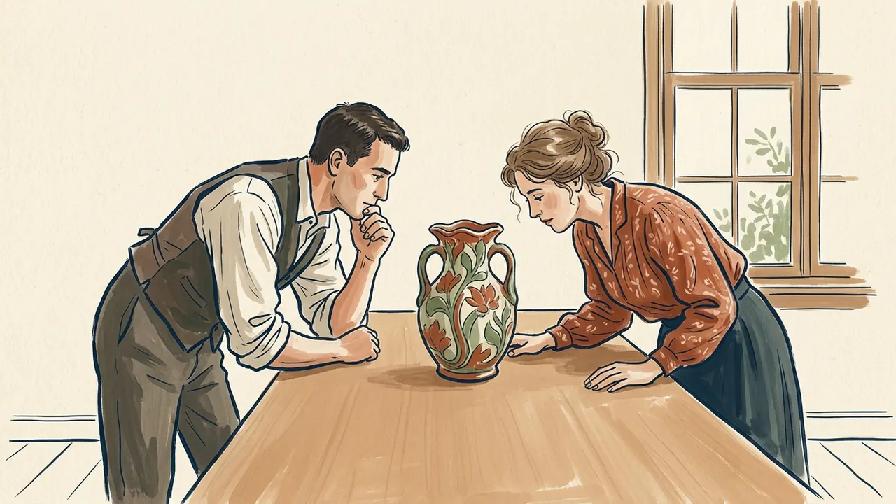 Dos personas observan un jarrón decorado con motivos vegetales en una mesa.