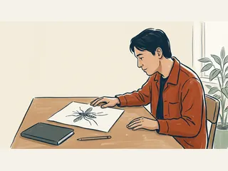 Una persona observa un dibujo artístico de un mosquito sobre una mesa, junto a un cuaderno cerrado.