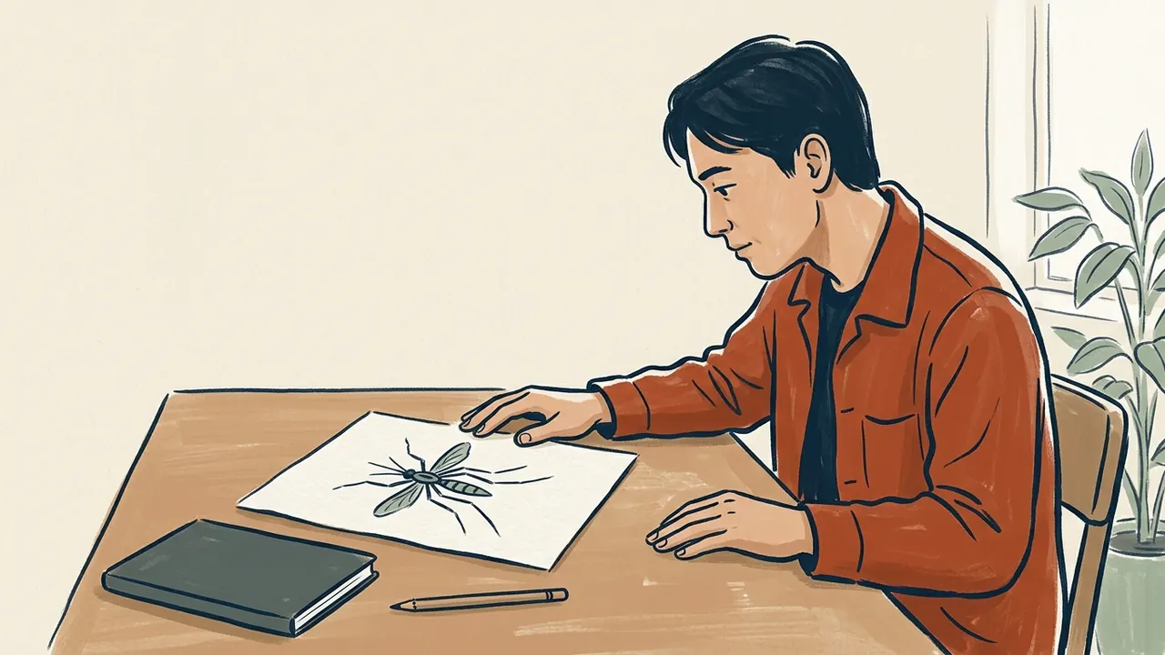 Una persona observa un dibujo artístico de un mosquito sobre una mesa, junto a un cuaderno cerrado.