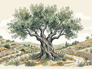 Un olivo ilustrado en un paisaje mediterráneo imaginario.