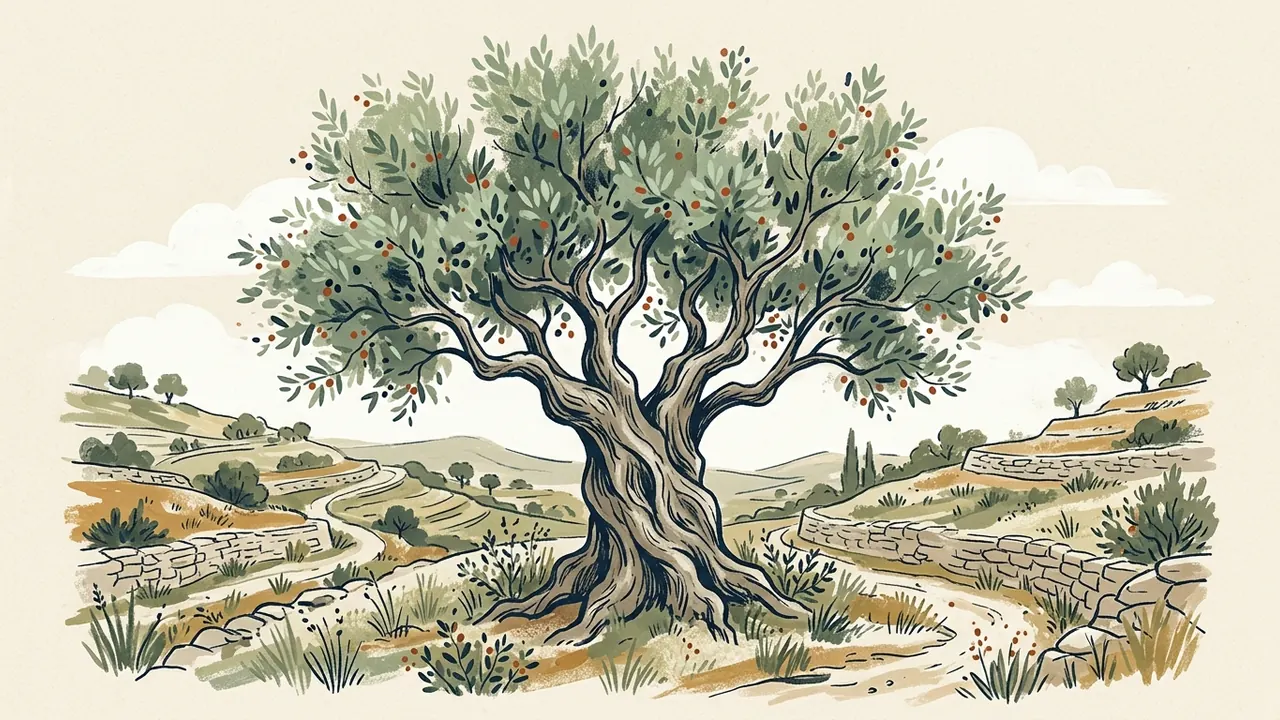 Un olivo ilustrado en un paisaje mediterráneo imaginario.