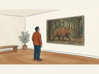 Una persona adulta observa una pintura de un oso pardo en un bosque.