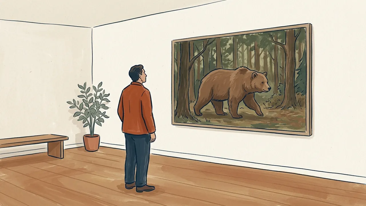Una persona adulta observa una pintura de un oso pardo en un bosque.