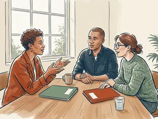 Tres personas adultas conversan en una mesa con dos carpetas cerradas.